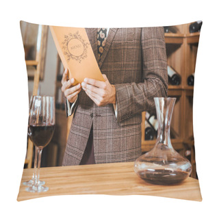 Personality  Cropped Shot Of Man In Tweed Jacket Reading Menu At Wine Store Pillow Covers