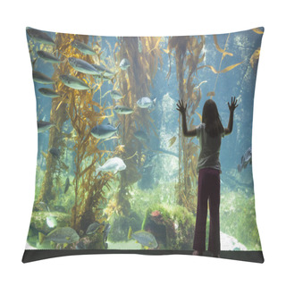 Personality  Young Girl Standing Up Against Large Aquarium Observation Glass Pillow Covers