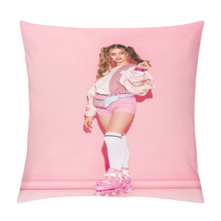 Personality  Stylish Girl In Sunglasses And Waist Bag Touching Hair While Riding Roller-skates On Pink Pillow Covers