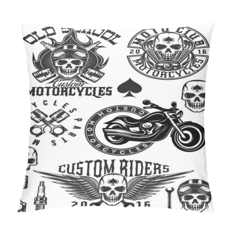 Personality  set of vector badges, logos, design elements on theme motorcycles with skulls pillow covers