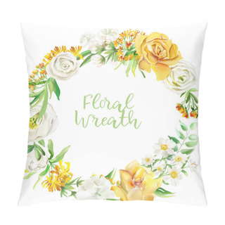 Personality  Beautiful Watercolor Floral Frame With Yellow Roses, Peonies, Marigolds Isolated On White Pillow Covers