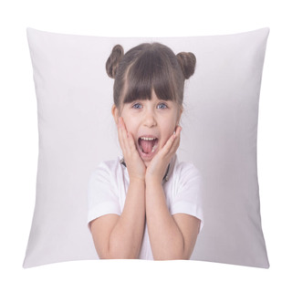 Personality  Headshot Of Impressed Attractive Little Girl Opening Mouth From Amazement And Shock Holding Hands Near Face Standing Over White Wall.  Pillow Covers