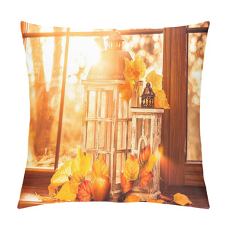 Personality  Vintage Lanterns, Autumn Leaves And Red Apple In Evening Sun Shi Pillow Covers
