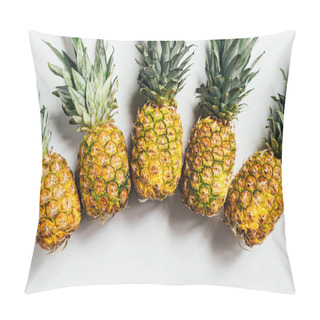 Personality  Top View Of Fresh Ripe Pineapples With Green Leaves On White Background Pillow Covers