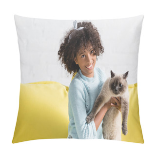 Personality  Happy Curly Girl Holding Siamese Cat And Sitting On Sofa At Home Pillow Covers