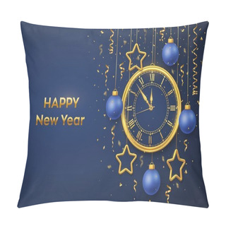 Personality  Happy New Year 2021. Golden Shiny Watch With Roman Numeral And Countdown Midnight, Eve For New Year. Background With Shining Golden Stars And Balls. Merry Christmas. Xmas Holiday. Vector Illustration Pillow Covers