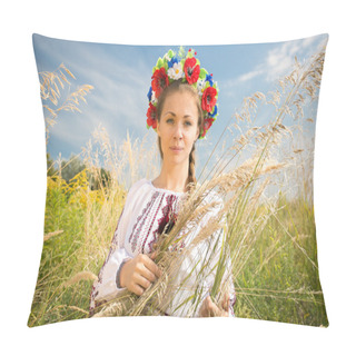 Personality  Portrait Of Ukrainian Woman In Wreath At Wheat Field Pillow Covers
