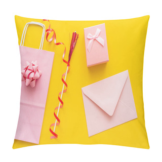 Personality  Top View Of Pink Envelope Near Present And Shopping Bag On Yellow Background  Pillow Covers
