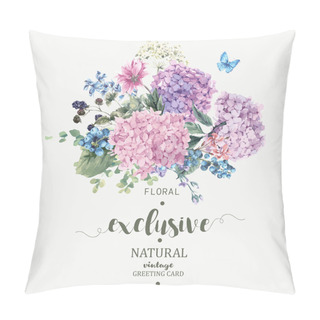 Personality  Floral Greeting Card With Blooming Hydrangea And Garden Flowers Pillow Covers