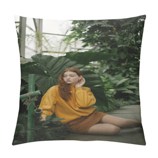 Personality  Young Pretty Woman In Dark Yellow Sweater And Skirt Sitting On Path In Winter Garden Pillow Covers