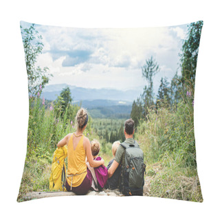 Personality  Rear View Of Family With Small Children Hiking Outdoors In Summer Nature, Resting. Pillow Covers