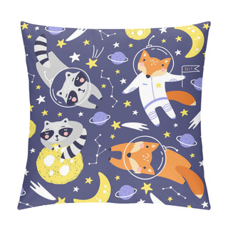 Personality  Seamless Pattern With Cute Fox Astronaut, Raccoon, Planets, Stars And Comets. Space Background For Kids. Animals In Outer Space Vector Pillow Covers