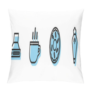 Personality Set Line Donut, Kitchen Extractor Fan, Coffee Cup And Pastry Bag Icon. Vector. Pillow Covers