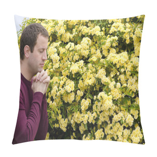 Personality  Side Profile Of Man Praying By Yellow Flowers. Pillow Covers