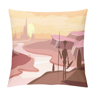 Personality  Fantastic Mountain Landscape, Valley, River, Sunset, Mountains, Knight, Cartoon Style, Vector Illustration Pillow Covers