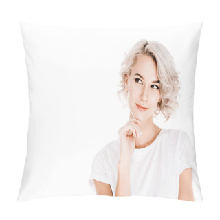 Personality  Wonderful  Woman Thoughtfullylooking Away While Touching Her Chin Isolated On White Pillow Covers