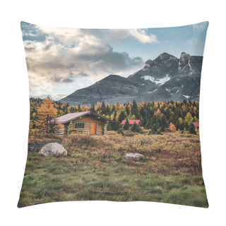 Personality  Wooden Huts With Rocky Mountains In Autumn Forest At Assiniboine Provincial Park, Canada Pillow Covers