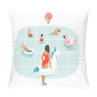Personality  Hand Drawn Vector Abstract Cartoon Summer Time Fun Illustration With Swimming People In Swimming Pool With Hot Air Balloons Isolated On White Background. Pillow Covers