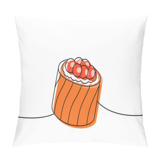 Personality  Ikura Sushi, Tobiko Maki Sushi One Line Colored Continuous Drawing. Japanese Cuisine, Traditional Food Continuous One Line Illustration. Vector Linear Illustration. Isolated On White Background Pillow Covers