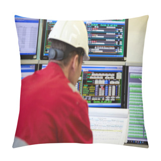 Personality  Energy Industry. Digital Control Of Heating System. A Technician Dressed In Red Overalls And A White Helmet Checks The Heating Parameters On The Monitors. Supervisory Control And Data Acquisition. Pillow Covers