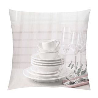 Personality  Set Of Clean Tableware On Light Grey Marble Table Pillow Covers