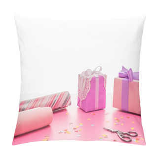 Personality  Valentines Confetti, Scissors, Wrapping Paper, Gift Boxes On Pink Surface Isolated On White Pillow Covers