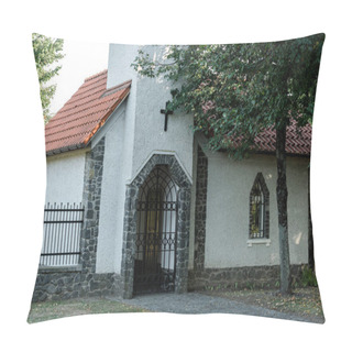Personality  Trees Near Christian Church With Red Roof And Metallic Fence  Pillow Covers