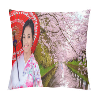 Personality  Japanese Woman In Kimono Dress With Full Bloom Sakura - Cherry Blossom  At Hirosaki Park, One Of The Most Beautiful Sakura Spot In Tohoku Region And Japan Pillow Covers