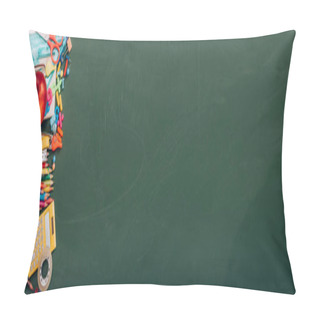 Personality  Top View Of Ripe Apple And School Stationery On Green Chalkboard, Horizontal Image Pillow Covers