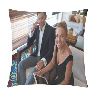 Personality  Two Smiling Financiers Having Negotiation Pillow Covers