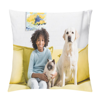 Personality  Smiling Curly Girl Looking At Camera, While Sitting With Labrador And Siamese Cat On Yellow Sofa At Home Pillow Covers