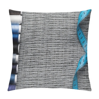 Personality  Top View Of Blue And Grey Thread Coils On Sackcloth With Measuring Tape And Copy Space Pillow Covers