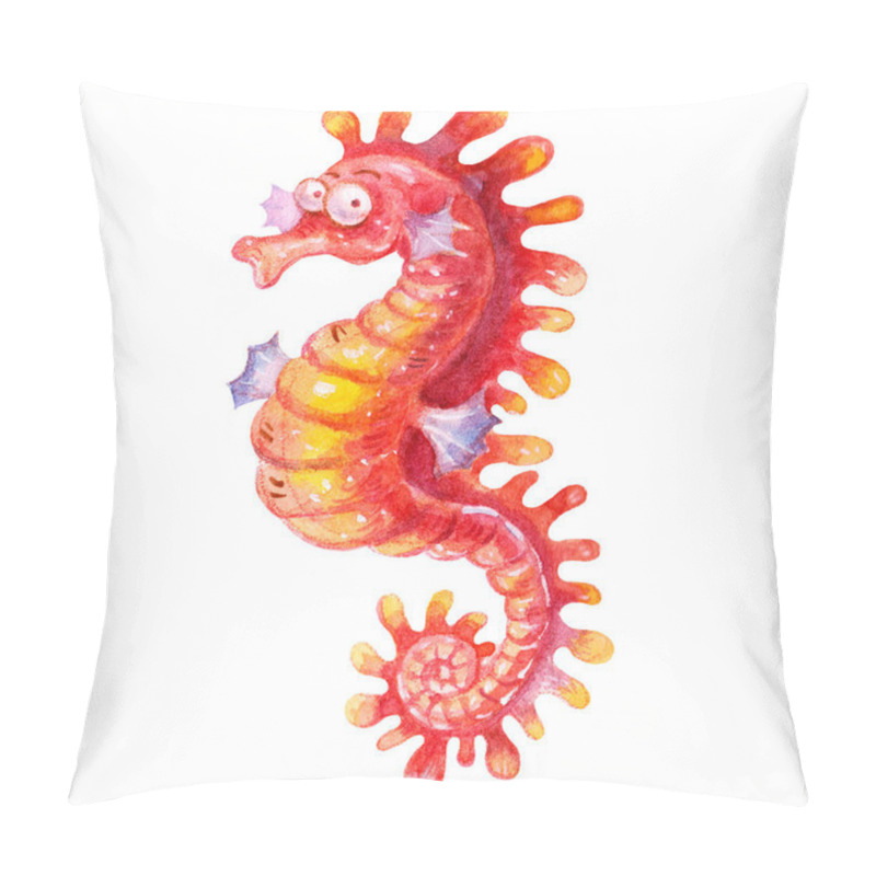 Personality  Cartoon watercolor red seahorse illustration isolated on white background. Marine design.Watercolor texture. Used as postcard, invitation,poster.Perfect for kids cartoon magazine.Travel elements pillow covers