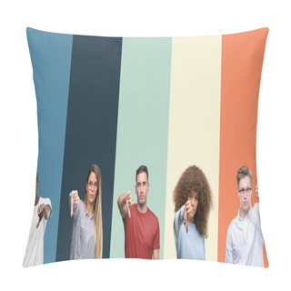 Personality  Group Of People Over Vintage Colors Background Looking Unhappy And Angry Showing Rejection And Negative With Thumbs Down Gesture. Bad Expression. Pillow Covers