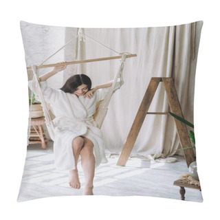 Personality  Vertical Photo Of Smiling Young Adult Girl In Bathrobe Sitting On A Hanging Swing At Home, Spending Morning Free Time Resting And Having Fun Pillow Covers
