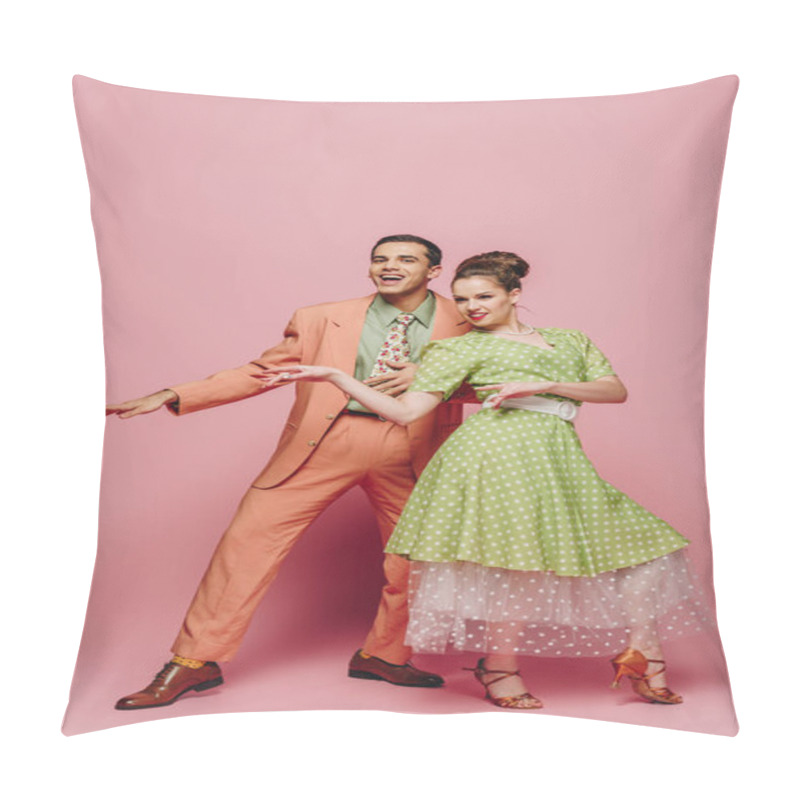 Personality  Cheerful Dancers Looking At Camera While Dancing Boogie-woogie On Pink Background Pillow Covers