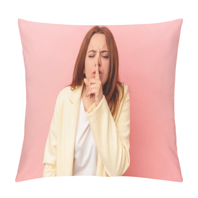 Personality  Young Caucasian Woman Isolated On Pink Background Keeping A Secret Or Asking For Silence. Pillow Covers