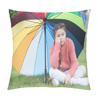Personality  Autumn Depression. Spring Style. Depressive Mood In Autumn Rainy Weather. Little Girl Tired Under Colorful Umbrella. Multicolored Umbrella For Little Happy Girl. Rainbow After Rain. Feeling Depressed Pillow Covers