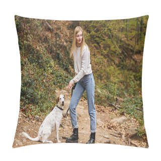 Personality  Young Woman Training Her Pet Dog Holding Leash At Hiking Rest With Mountain And Forest View Pillow Covers