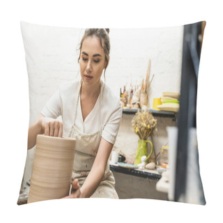 Personality  Brunette Craftswoman In Apron Making Clay Vase And Working On Pottery Wheel In Ceramic Workshop Pillow Covers