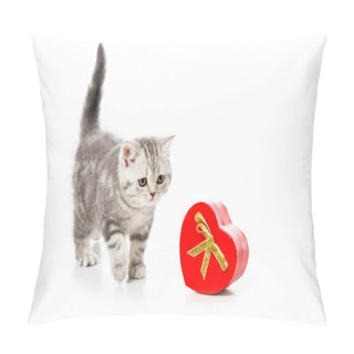 Personality  Adorable Kitten With Heart Shaped Gift Isolated On White  Pillow Covers