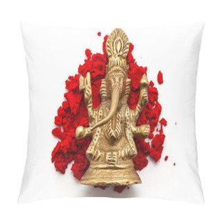 Personality  The Brass Idol Of The Hindu God Ganesha Is Placed Over A Red-colored Sindoor (vermilion) Isolated On A White Background. Top View Pillow Covers