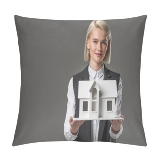 Personality  Portrait Of Young Real Estate Agent With House Model Isolated On Grey Pillow Covers