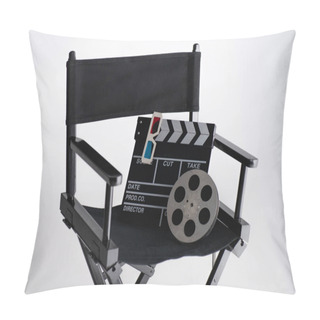 Personality  Clapperboard, 3d Glasses And Film Coil On Filmmaker Chair On White, Cinema Concept Pillow Covers