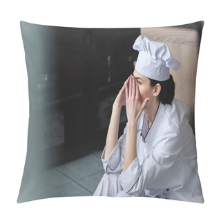 Personality  Side View Of Chef Crying And Sitting On Floor At Restaurant Kitchen Pillow Covers