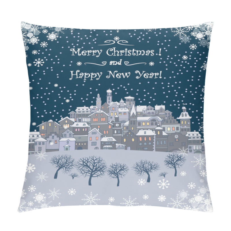 Personality  Merry Christmas And Happy New Year Holiday Background With Inscription,urban Landscape And Snowfall.Merry Christmas Greeting Card With A Small Old Town Pillow Covers