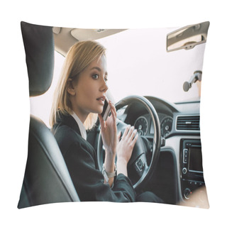 Personality  Blonde Young Woman Sitting In Car And Talking On Smartphone  Pillow Covers
