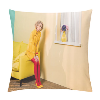 Personality  Pensive Woman In Retro Clothing Sitting On Yellow Sofa At Colorful Apartment, Doll House Concept Pillow Covers