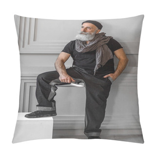 Personality  Brutal Man Indoors In Red Eyeglasses. Stylish Old Man. Pillow Covers