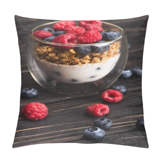Personality  Closeup Of Delicious Granola With Berries And Yogurt In Glass Cup On Wooden Surface Pillow Covers